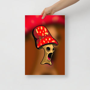 A 12 by 18 inch poster showing a mushroom with hollow eyes. Also available as a graphic t-shirt.