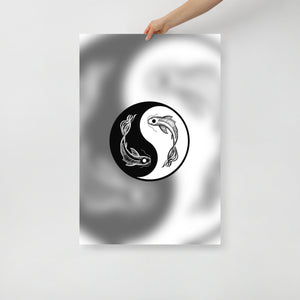 A 24 by 36 inch poster with two koi fish making the yin yang symbol with a blurry background. Also available as a graphic t-shirt.