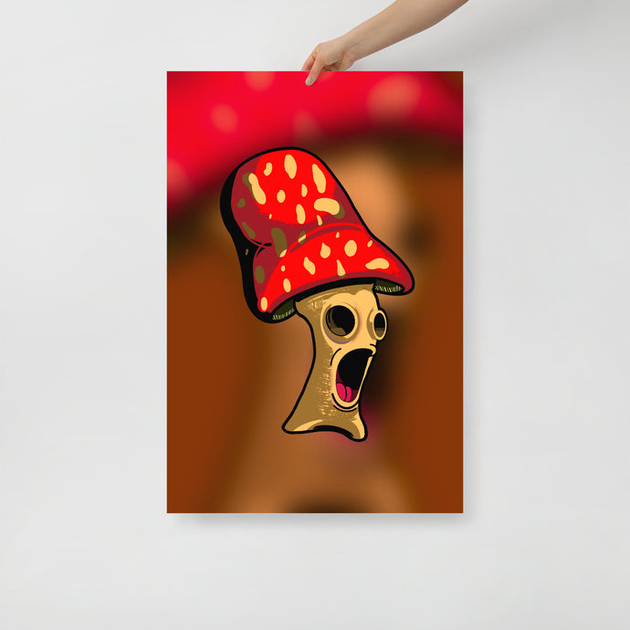 A 24 by 36 inch poster showing a mushroom with hollow eyes. Also available as a graphic t-shirt.
