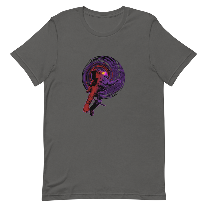 A graphic t-shirt with an astronaut falling into a void, or a black hole. Also available as a poster.