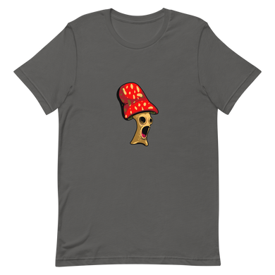 A graphic t-shirt showing a mushroom with hollow eyes. Also available as a poster.