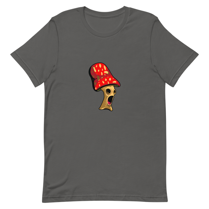 A graphic t-shirt showing a mushroom with hollow eyes. Also available as a poster.