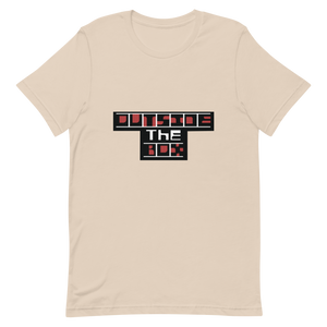 A graphic t-shirt that says outside the box.